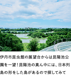 伊丹市昆虫館の展望台からは昆陽池公園を一望!昆陽池の真ん中には、日本列島の形をした島があるので探してみて