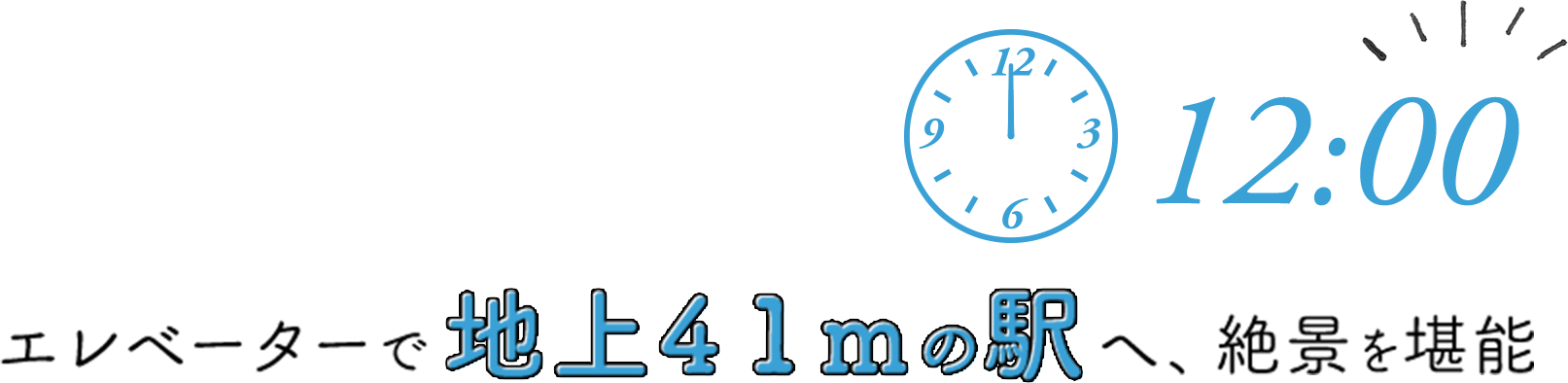 12:00　エレベータで地上41mの駅へ、絶景を堪能