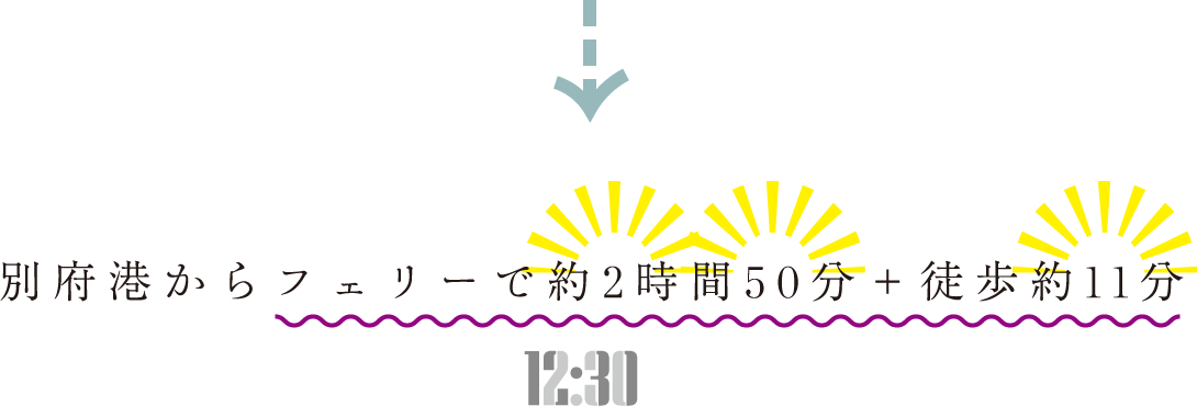 別府港からフェリーで約2時間50分＋徒歩約11分 12:30