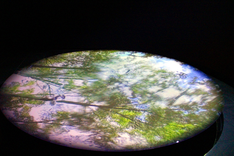 「展示室 神垣」のインスタレーションのひとつ。鏡のような水盤に光や水滴が落ち波紋が広がり、聖地を感じさせる演出