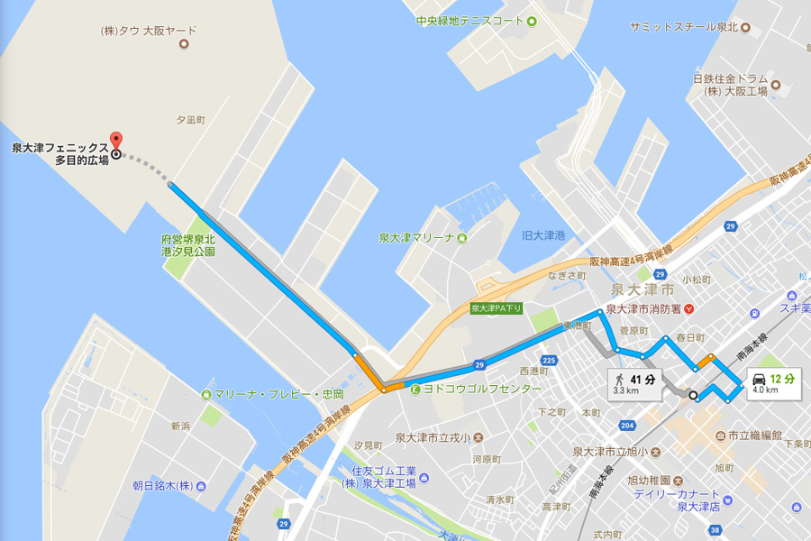 泉大津駅から泉大津フェニックスの距離（Google Mapのスクリーンショット）