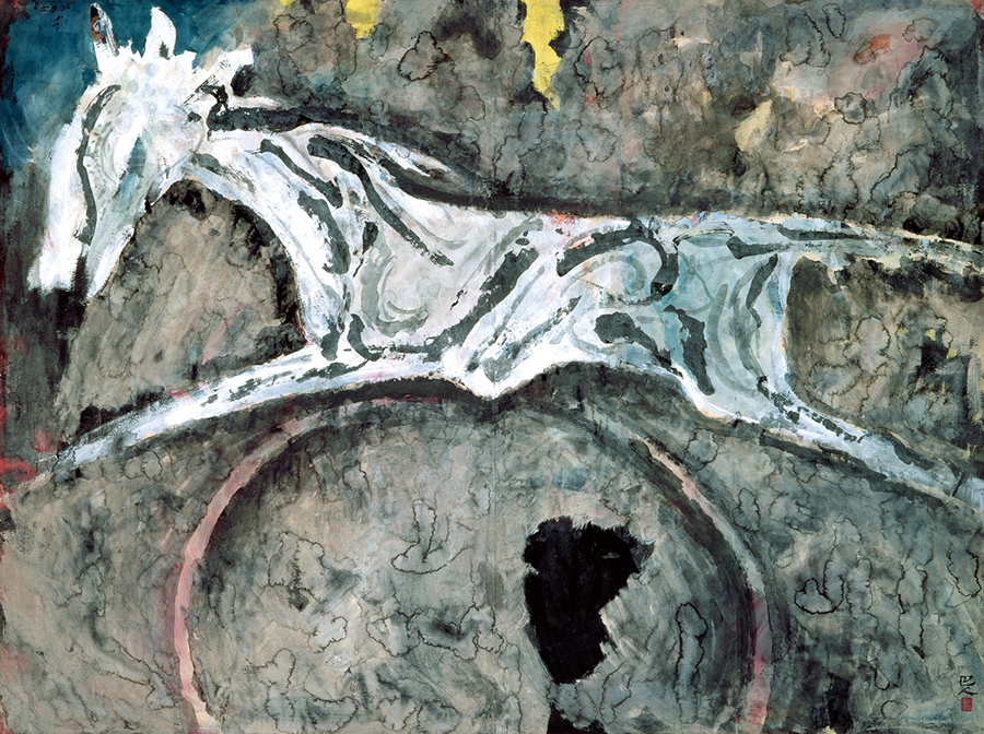 岩崎巴人《飛び越える馬》1960年　138.8×185cm　グワッシュ・紙　奈良県立美術館蔵