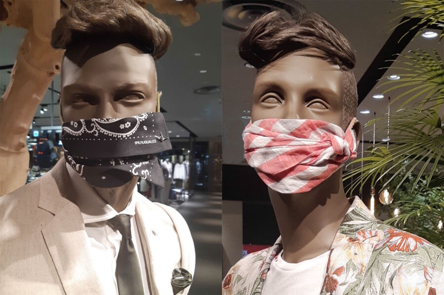 左はウノピゥウノウグァーレトレのバンダナとピンバッジで手作りしたマスク、右は中川政七商店のハンカチとゴムで作ったマスク