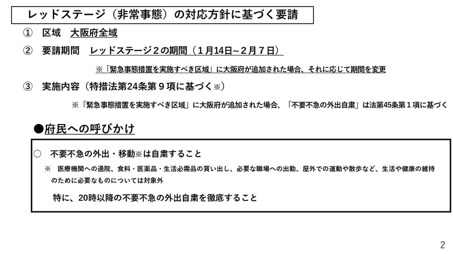 大阪府配付資料より『レッドステージ（非常事態）の対応方針に基づく要請』について2