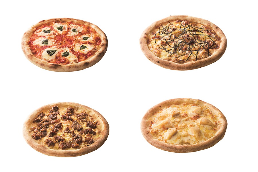 左上から時計回りに、「マルゲリータ」「もちチキンてりやきマヨ」「チーズ好きのピッツァ」「炭火焼カルビ」