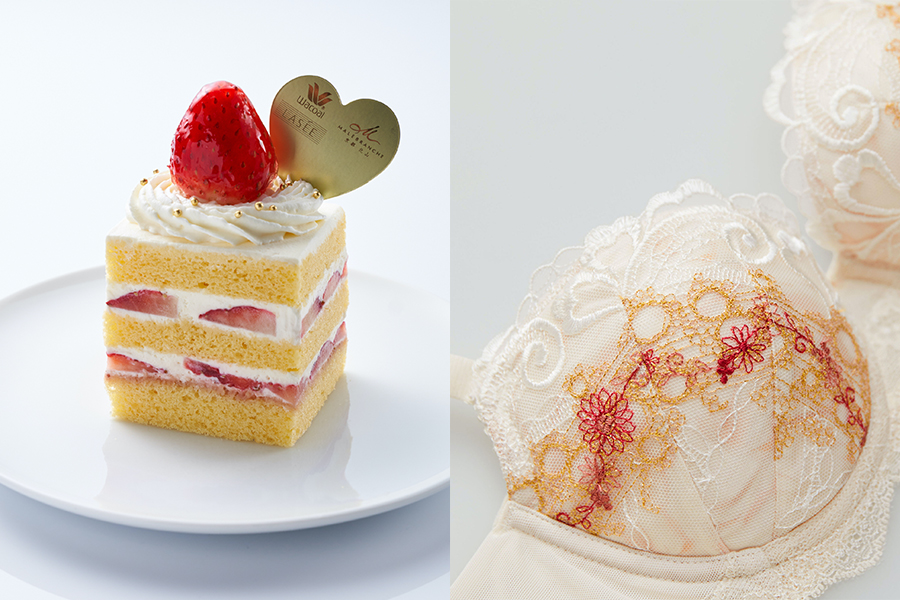 洋菓子店「マールブランシュ」と「ワコール ラゼ」がコラボした「苺のショートケーキ」（605円・左）とランジェリー（右）