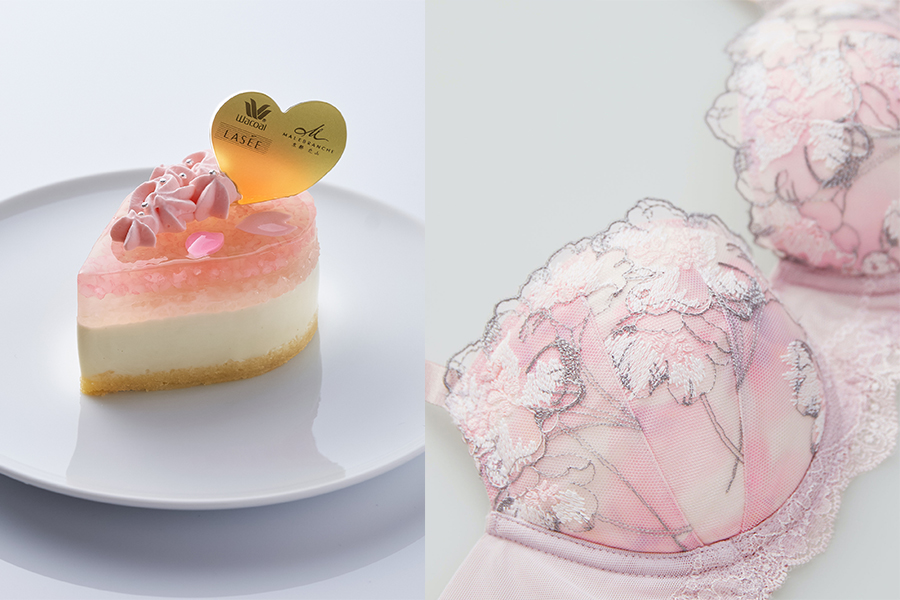 洋菓子店「マールブランシュ」と「ワコール ラゼ」がコラボした「桜のパンナコッタ」（648円・左）とランジェリー（右）