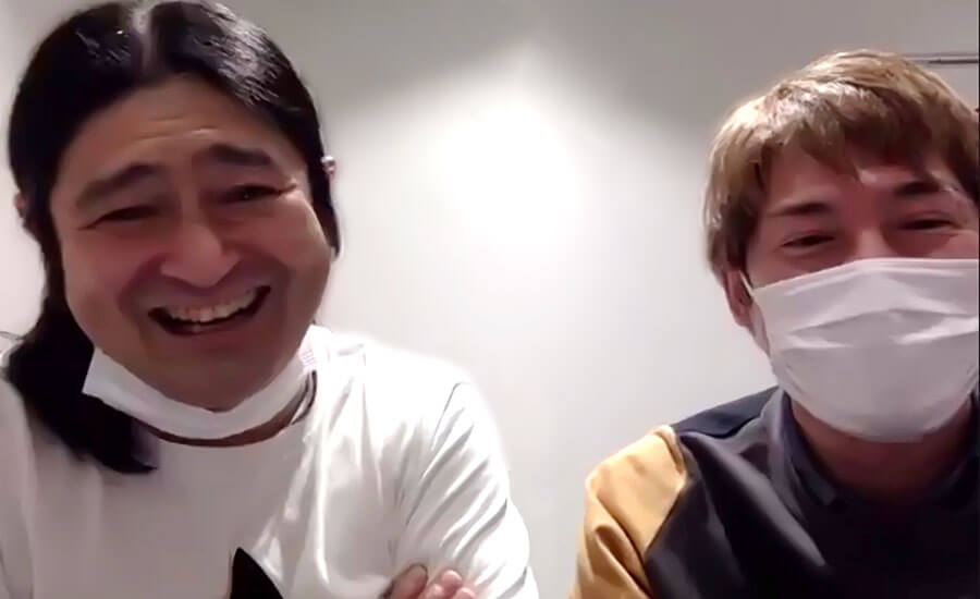 オンラインでインタビューを受けたハイキングウォーキングの鈴木Ｑ太郎（左）と松田洋昌