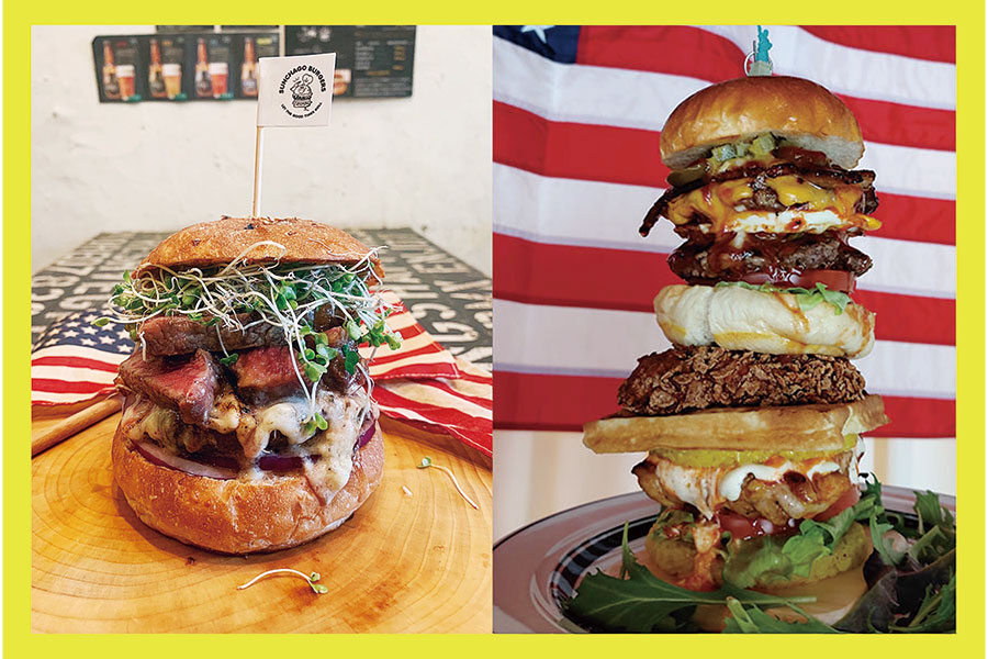 左から｢SUNCHAGO BURGERS｣の｢JUST LIKE PORTLAND」（2525円）、｢THE HAMBURGER｣の「Manhattan Tower Burger」（3333円 ※要予約）