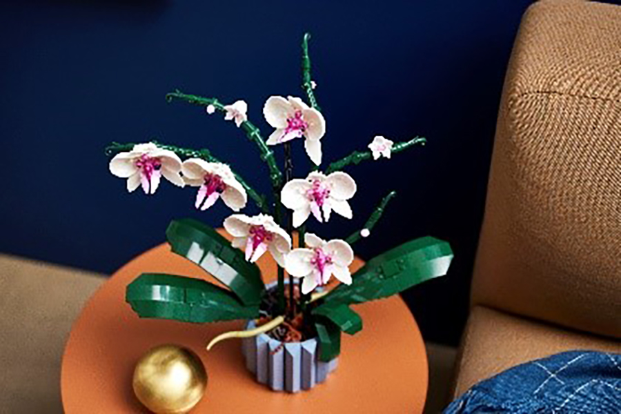 6つの大きな花と2つの新たに開きかけた花、青いフルート型の花瓶とバークチップで構成された「レゴ 胡蝶蘭」
