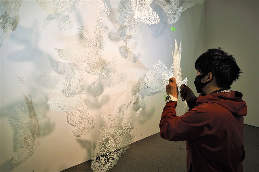 インスタレーション空間で鳩の作品を修正中の切り絵作家・下村優介さん。額縁に飾るだけでなく、様々な角度や影とともに立体的に鑑賞できる