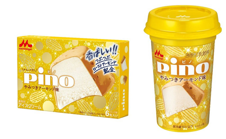 右から「ピノ やみつきアーモンド味アイス」「ピノ やみつきアーモンド味 ドリンク」（198円）