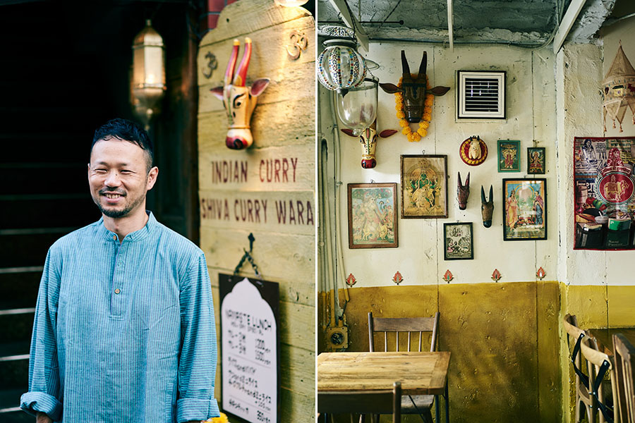 東京・三軒茶屋の名インド料理店「シバカリーワラ」の店主・山登伸介さん（左）と店舗内観