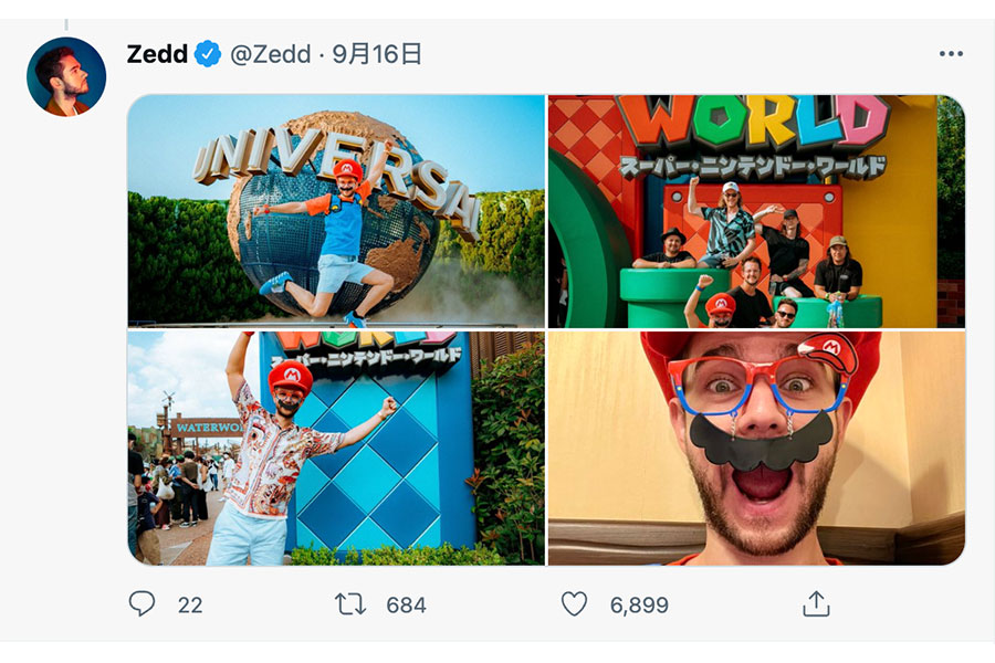 「ユニバーサル・スタジオ・ジャパン」を満喫するZedd（@Zedd）のツイート（写真はスクリーンショット）