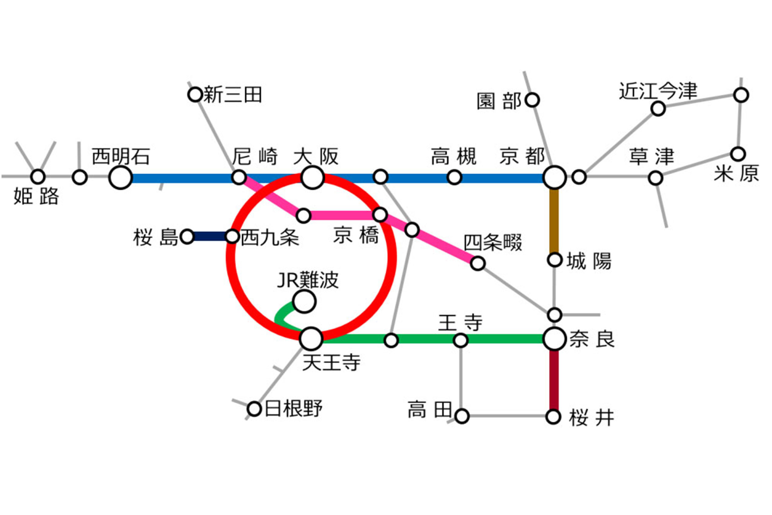 臨時列車の運転区間路線図（色付き太線区間・提供：JR西日本）