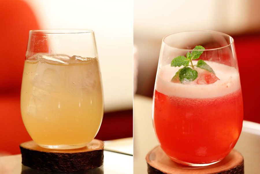 オリジナルノンアルコールカクテル2種　「六花(ろっか)」(左)「小春日（こはるび）」（右）