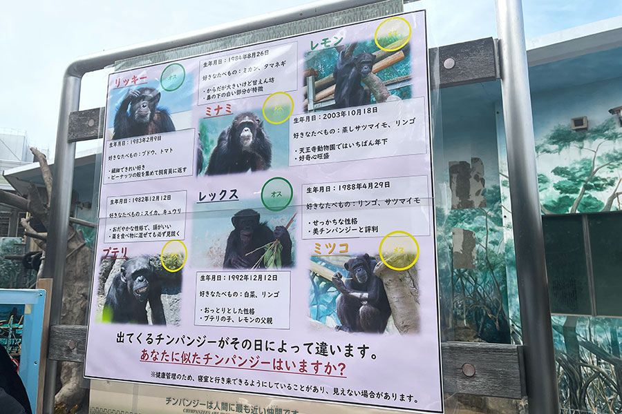 それぞれの性格などがわかりやすい「天王寺動物園」の紹介看板