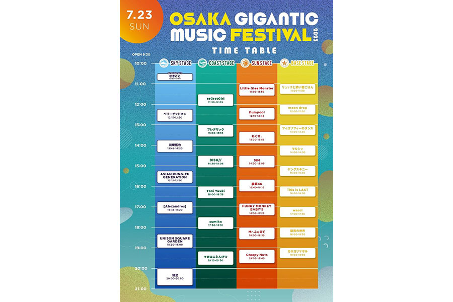 『OSAKA GIGANTIC MUSIC FESTIVAL 2023』7月23日のタイムテーブル