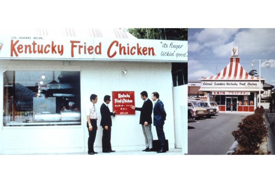 大阪万博でのテスト店舗(左)と日本1号店「名西店」(右)の様子