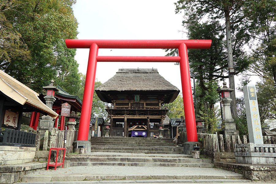 愛らしい茅葺き屋根の楼門
