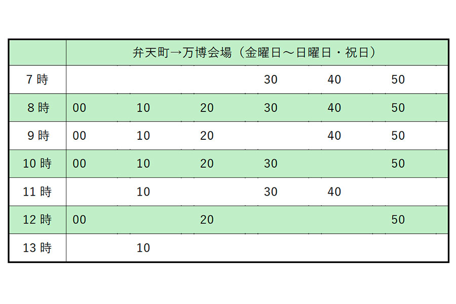 弁天町→『大阪・関西万博』会場西ゲートに向かうシャトルバスの時刻表(金曜日・土曜日・日曜日・祝日)