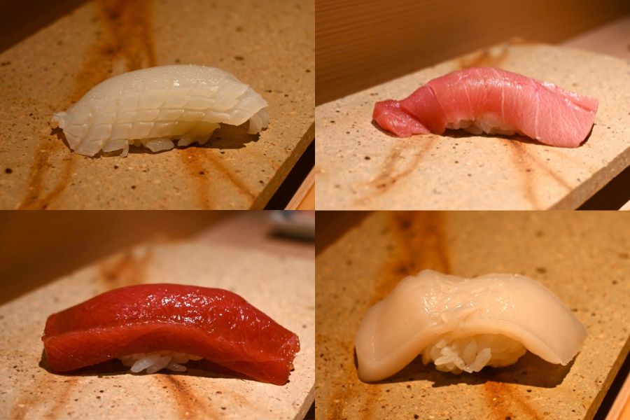 最初に、いか、本まぐろ、本日の白身魚、金目鯛昆布〆、帆立、車海老、漬けまぐろ、いくら、うにの9貫の握りが出される。凛とした雰囲気があるけれど、職人は気さくな人ばかりで、おしゃべりも弾む(8月12日大阪・関西万博)