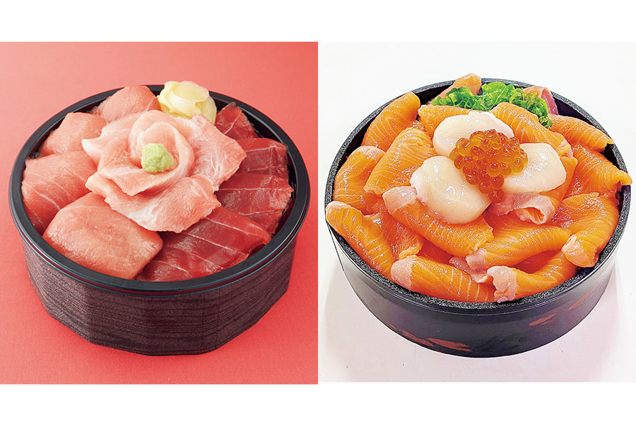 「高島屋大阪店」より(写真左)「クロマグロ専門工房 鮪斗」戸井鮪三昧(1折3240円・各日限定50個)、(写真右)「小樽駅構内立売商会」北海道大雪サーモン丼(1折2861円・各日限定50個)