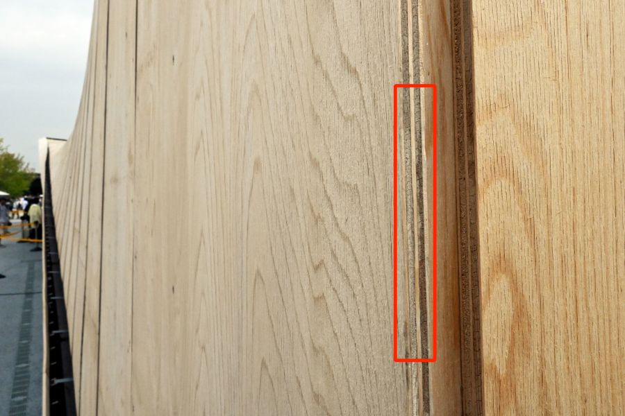 桂剥きした薄い檜を5枚重ねた合板(9月26日/大阪・関西万博)