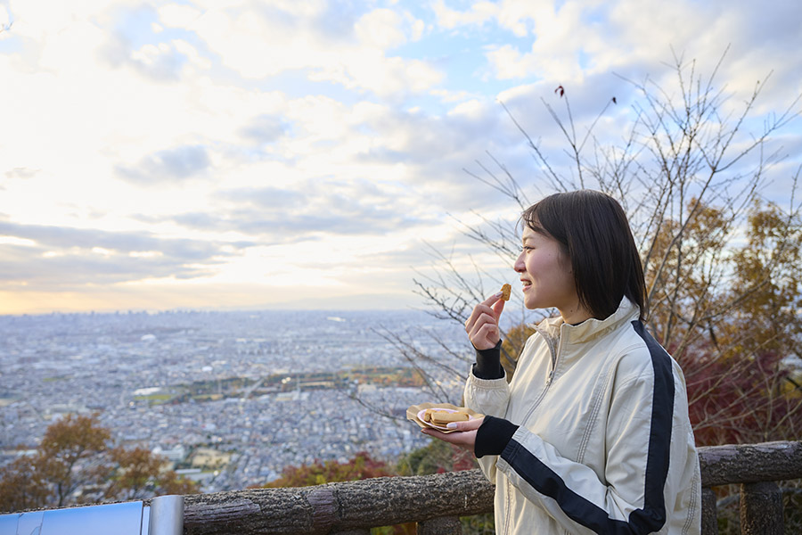 歴史的魅力もあふれる野崎観音と四條畷神社をつなぐ約3時間の飯盛山ハイキング体験プラン。これからの紅葉シーズンは美しい山の景色に癒やされます!絶景を前にいただく山頂でのお茶は格別です