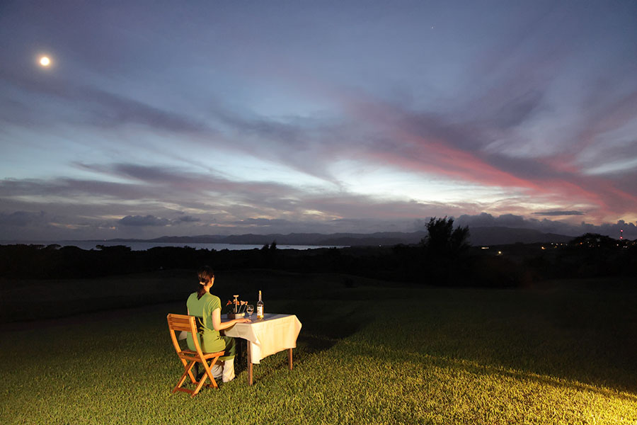 画に入り込んだよう。広大な海に臨む草原を貸し切り! 天候など条件が合えば、夕暮れと光り始めた月を同時に眺めることもできる。一人で経験していい絵面じゃない…