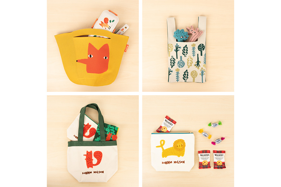 ドナ・ウィルソンのニットバッグ(キツネリスのシリル、W38×H21×D23cm2750円)、ニットミニトート(フォレストパターン、W20×H39cm2200円)など