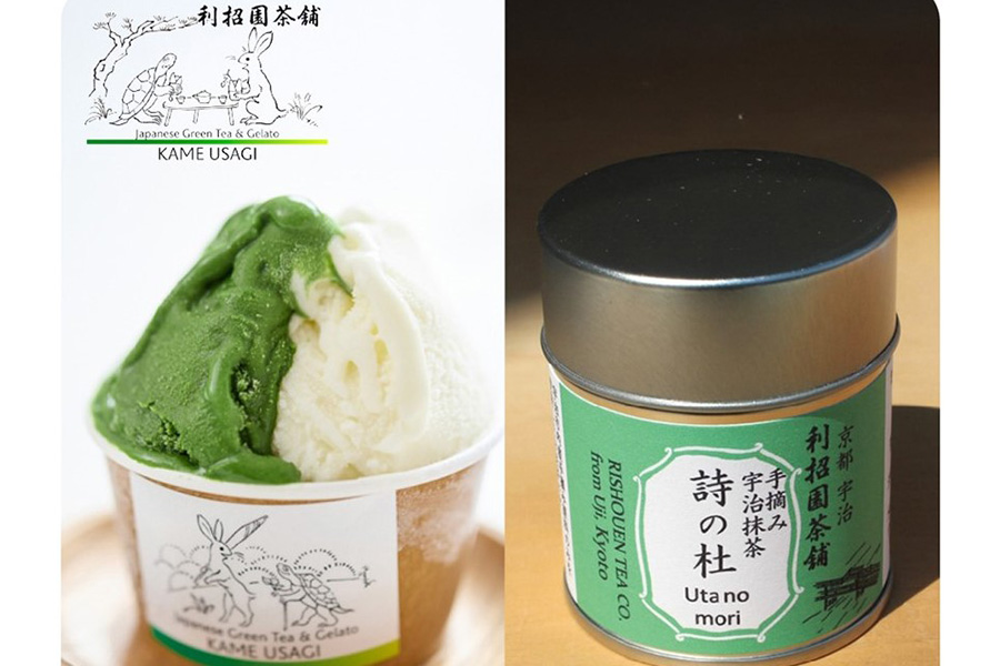 左から『抹茶クリスマス』に登場する「かめうさぎ」のジェラートダブルサイズ(香碧・ミルク1個825円)、「利招園茶舗」の抹茶 詩の杜(30g缶入り4320円)