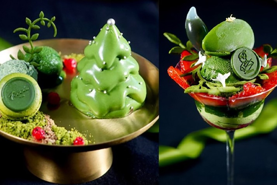 左から『抹茶クリスマス』に登場する「松澤園」の狭山抹茶と森のベリーのアンサンブル(3300円)。「阪神梅田本店」限定で12月17日〜19日・22日限定、「辻喜」の抹茶といちごを使用したプレミアムパフェ(ペアリングスパークリングティ付き3850円)。「阪神梅田本店」限定で12月20日・21日のみ販売