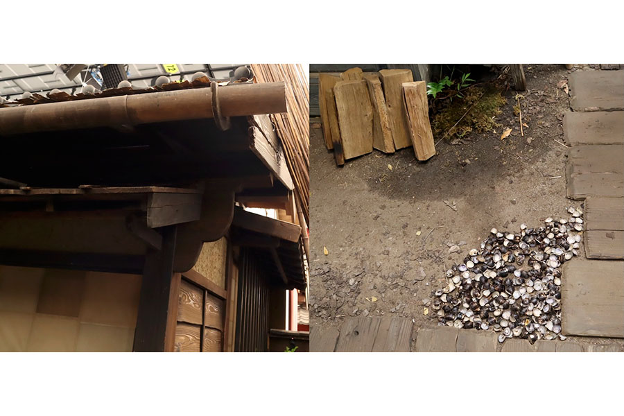 雨どいの下にしじみの殻が撒かれるなど、生活感の表現が非常に細かい(放送前の取材時/撮影:佐野華英)