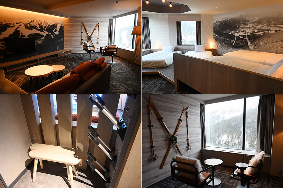 スキーヤーがくつろぐ客室には、室内のデザインをはじめとし随所にスキーや雪山要素が。客室内の椅子は、今は使用されてない「シングルリフトチェア」を再利用