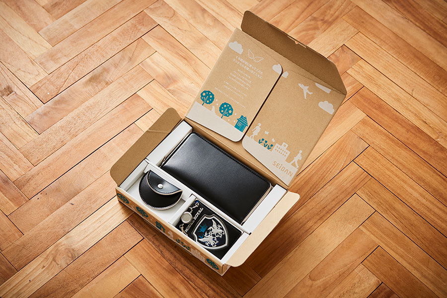 「天使のはねランドセルリメイク」3点セット(長財布、パスケース、コインケース)の梱包イメージ