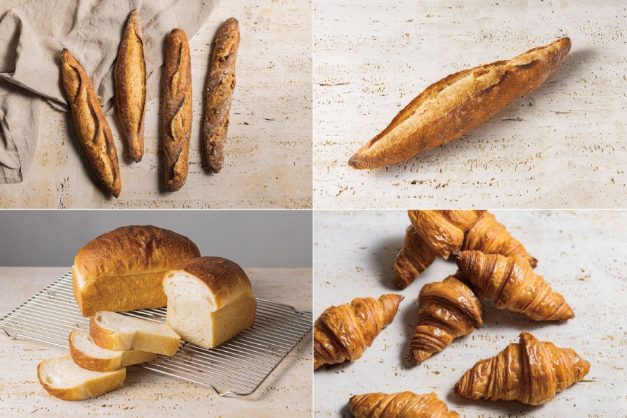 「ディー バゲット バイ パリゴ&ダイヤ」左上から時計回りに「D.baguette トラディッショナル」「D.baguette オートンティック」「クロワッサン」「天白食パン」