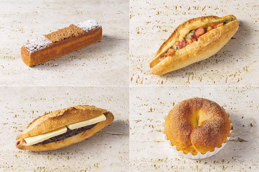 「ディー バゲット バイ パリゴ&ダイヤ」左上から時計回りに「ケークダノワーズ」「ベーコンポテトのプティ・バゲット」「シナモンのブリオッシュ」「有機小豆のあんバターサンド」