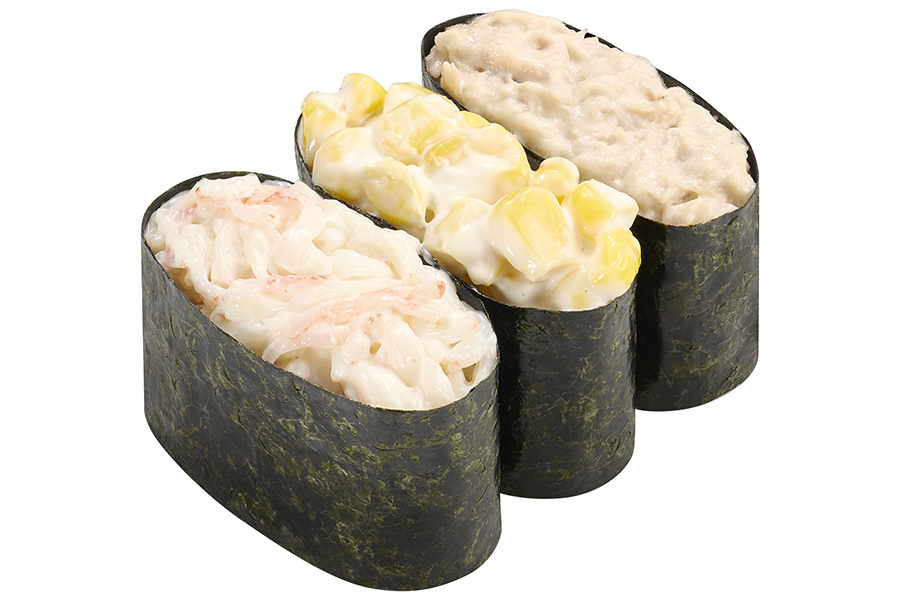 「かに風サラダ」・「コーン」・「ツナサラダ」と定番のサラダ軍艦を食べ比べできるサラダ3貫盛り120円~(~6月30日、ただし販売予定総数55万食が完売次第終了)