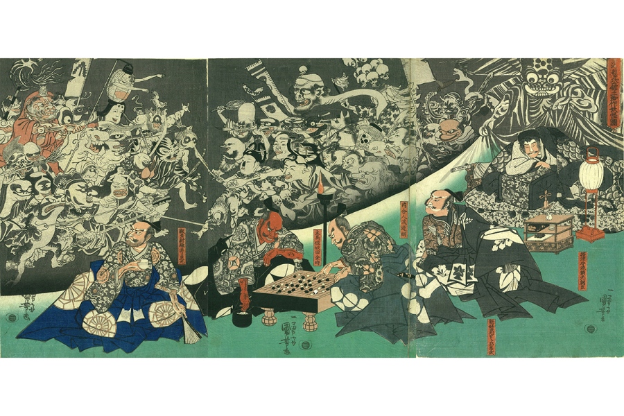「源頼光公舘土蜘作妖怪図」天保14年(1843) 個人蔵、『浮世絵スーパークリエイター 歌川国芳展』