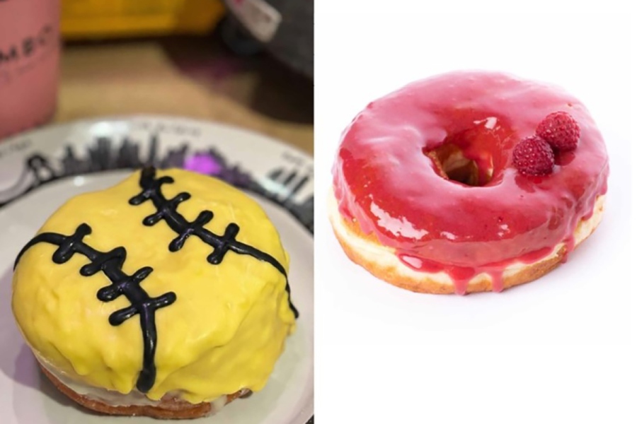 DONUTS2026_0716_9 | Lmaga.jp 左から「DUMBO Doughnuts and Coffee」のベースボールドーナツ~阪神Limited~(1個582円、阪神梅田本店限定)、フランボワーズドーナツ(1個531円)ほか
