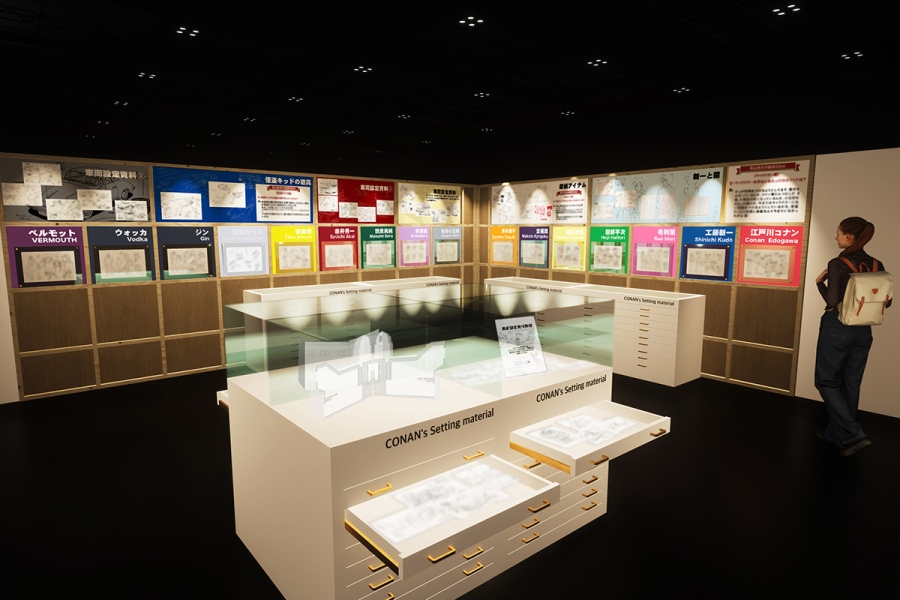 『放送30周年記念 TVアニメ「名探偵コナン」展』キャラ毎の設定資料などを展示(C)青山剛昌/小学館・読売テレビ・TMS 1996