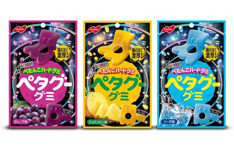 7月4日・5日の2日間、「なんば広場」(大阪市中央区)で無料配布される「ペタグーグミ」。写真左から、グレープ味、ゴールデンパイン味、ソーダ味