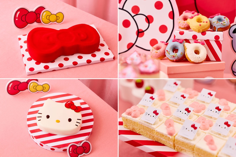 kyotocenturykitty_202608_4 | Lmaga.jp 写真左上から時計回りに、HELLO KITTY の真っ赤なリボンムース、HELLO KITTY &TINY CHUM♡なかよしドーナツ、HELLO KITTY のキューティー・ショートケーキ、世界中のみんなを笑顔に♪HELLO KITTY ビッグ・フェイス ケーキ