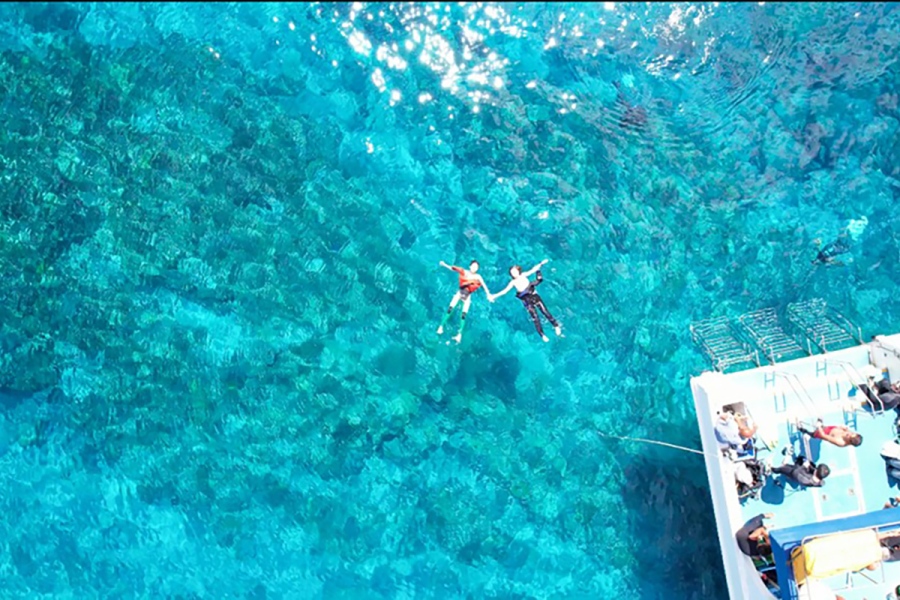 okinawa_daibing | Lmaga.jp 慶良間でしか見ることのできない青色のグラデーションが美しい 「ケラマブルー」の海で、ダイビングとアニバーサリーフォトを同時に叶えたい……というようなことも、このイベントでは相談できる(画像提供:Nao)