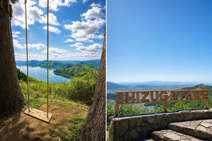 shizugadake_202608_5 | Lmaga.jp (写真左)琵琶湖を望む絶景ブランコ、(写真右)SHIZUGATAKEモニュメント