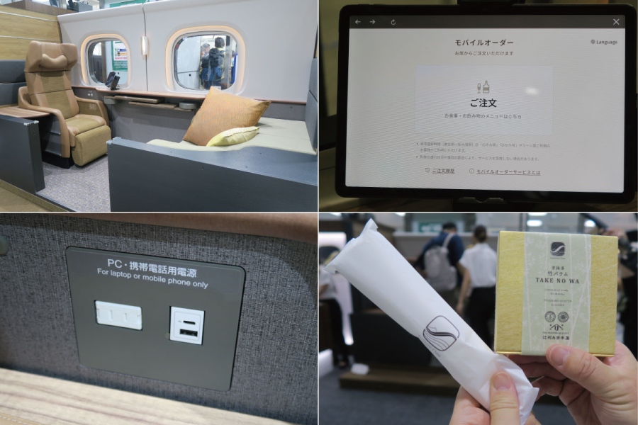 SupremeClassCabinshinosaka20260916_1 | Lmaga.jp 「スプリームクラス キャビン」の室内とウェルカムサービスのお菓子&おしぼり(9月15日・新大阪駅/Lmaga.jp撮影)