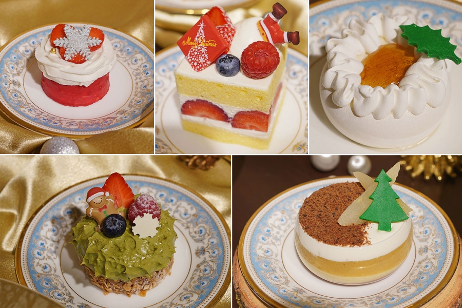 ritzcarltonxmascake_202609_20 | Lmaga.jp 1人用サイズのケーキは、直径約6〜7センチ。写真左上から時計回りに、「ストロベリーミスティーク」1300円、「クリスマスショートケーキ」1800円、「アンバードリーム」1300円、「メリーペアー」1300円、「スノーフォレスト」1300円(9月15日撮影/Lmaga.jp)