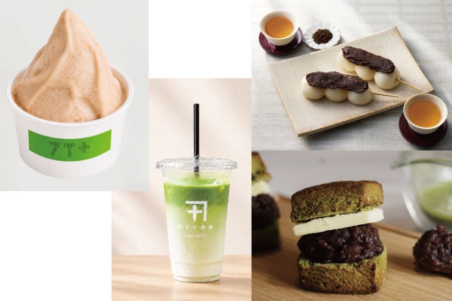 hankyu_umeda_tea_fes_20261021_2 | Lmaga.jp (左から時計回り)「焙煎ばん茶ジェラート」(770円、セブンティープラス)、「抹茶ラテ」(851円、カネ十農園)、お団子「べにふうき」(321円)、「抹茶あんバタースコーン」(756円)(会場:阪急うめだ本店、催事『ワールド・ティー・フェスティバル』)
