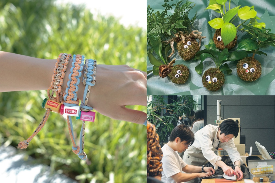 osaka_outdoor_life_fest_20261026_5 | Lmaga.jp (左から時計回り)「アウトドアライフ フェスタ」のブレスレット作りのワークショップ、苔玉作りのワークショップ、ウエアを修理するブースのようす
